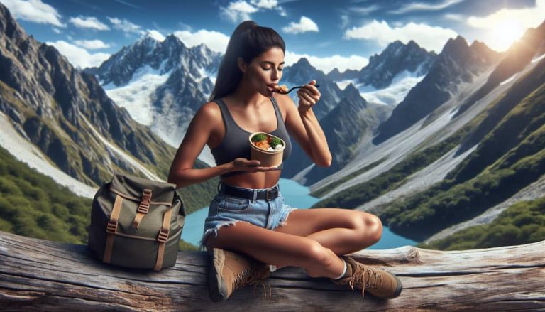 Hispanic female hiker pauses to enjoy a delicious and nutritious IntrepidFood.eu meal on a scenic mountaintop.