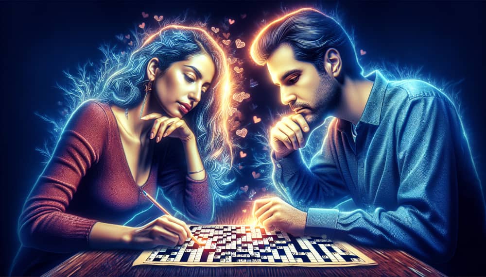 Middle-Eastern woman and Hispanic man smiling and concentrating while solving a crossword puzzle together.