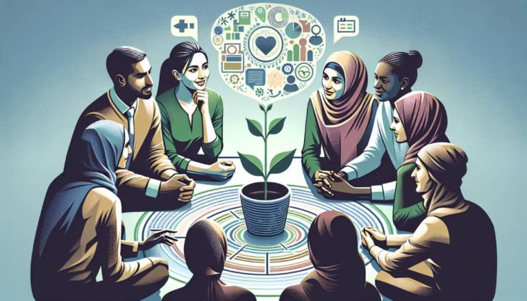 Four diverse individuals engaged in a meaningful conversation on Luv.trise. A green sprout symbolizes growth, and a scale represents digital well-being. pen_spark