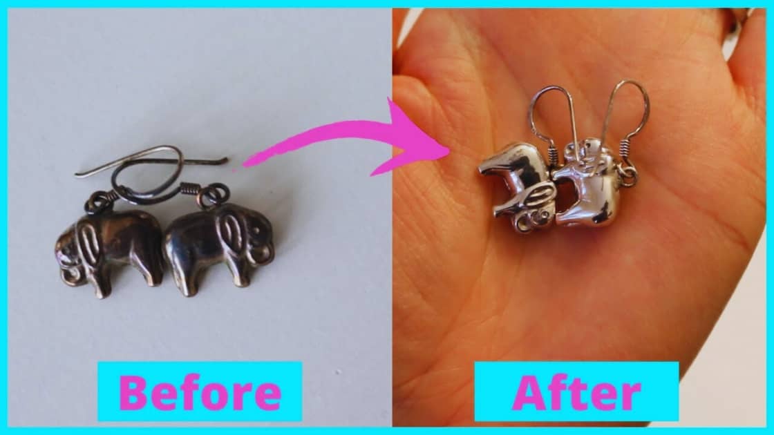 Before and after comparison of tarnished and cleaned zinc alloy elephant earrings